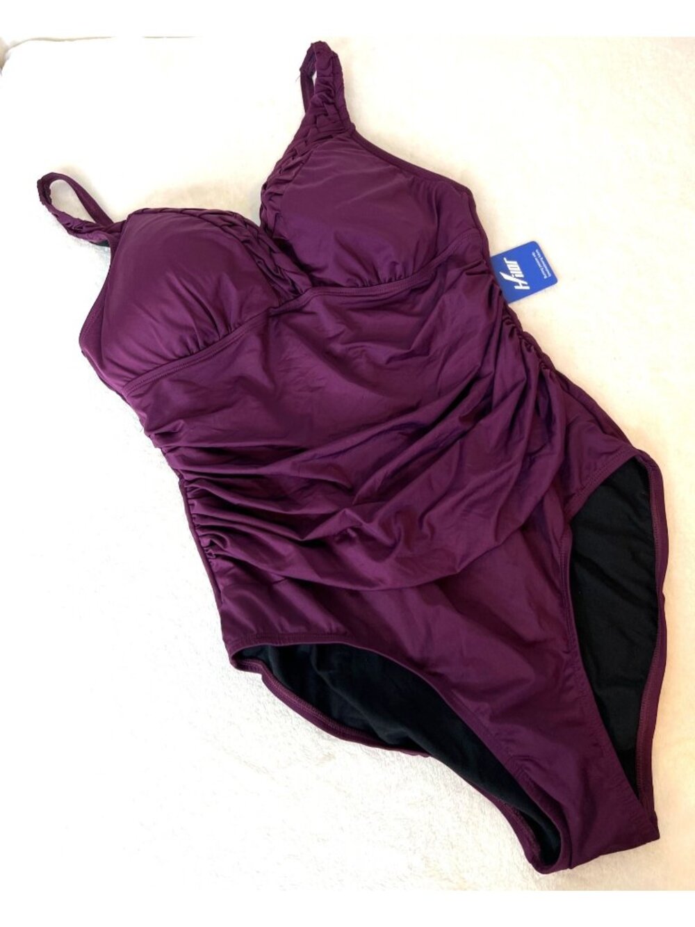 Hilor One Piece Swimsuit Size 16 Deep Purple Ruched Flattering Braided ‎ NEW